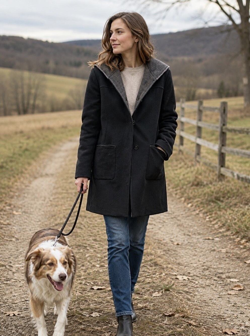 Gallery Women’s Black Wool Blend Hooded Overcoat Sz XS Pockets Button Up
